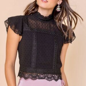 Francescas Black Lace Trim High Neckline Crop Top Large L
